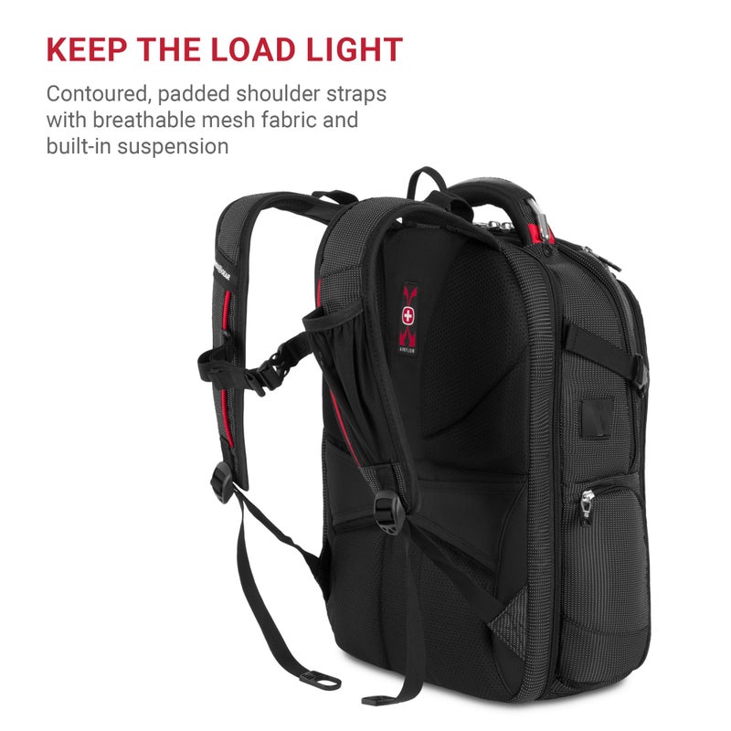 SWISSGEAR حقيبة ظهر لابتوب سويس جير ترافل تك إليت - تناسب اللابتوبات حتى 16 بوصة - حقيبة ظهر صديقة لتفتيش TSA مع منفذ USB، حجرة للأحذية و جيوب تنظيم - نقط سوداء - Image 5